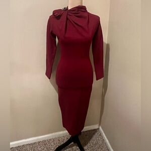 Maroon Bodycon High Draped Neck, Long Sleeve Modi Dress with Bow & Broach, small